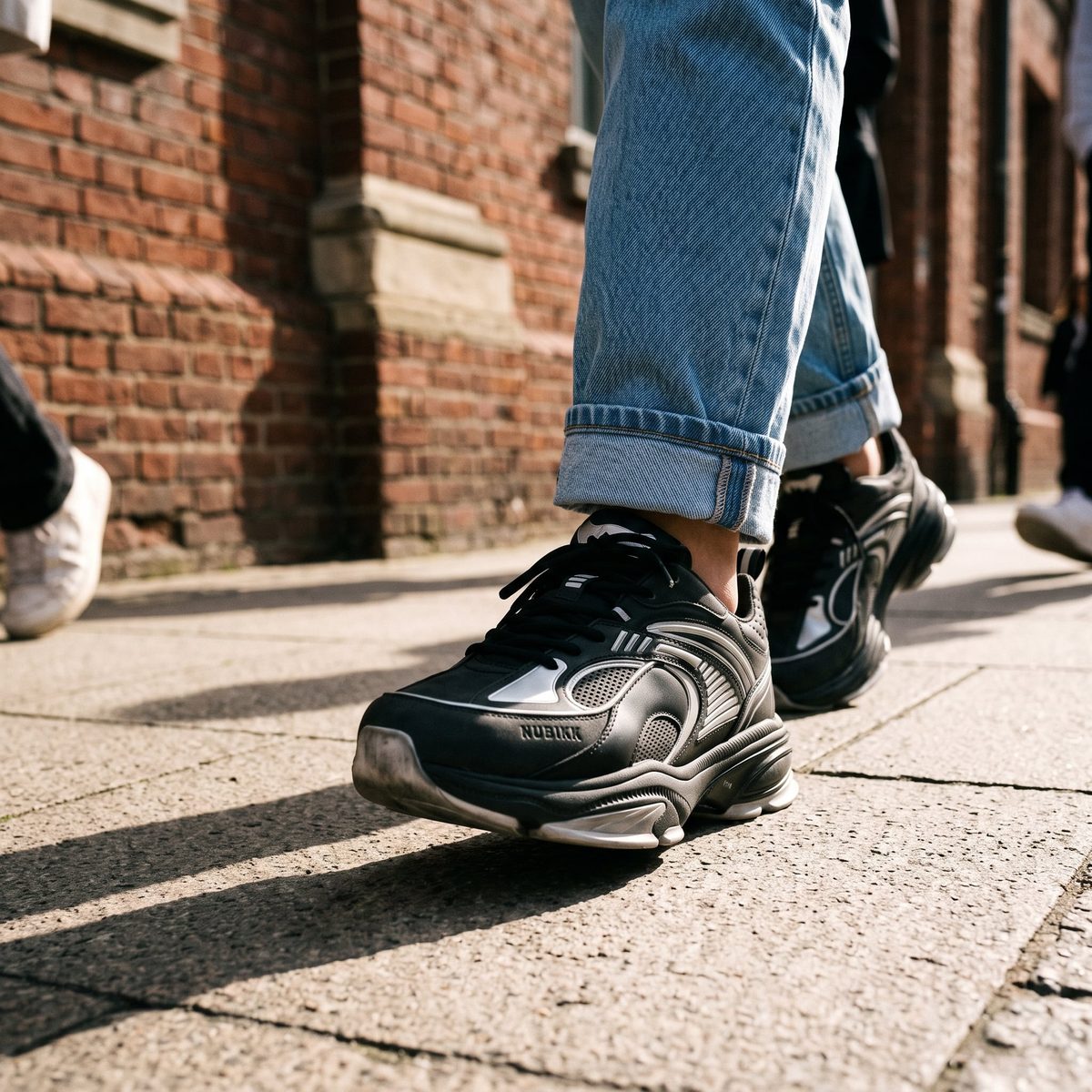Dezelfde sneaker gedragen op straat, fashion lifestyle close-up