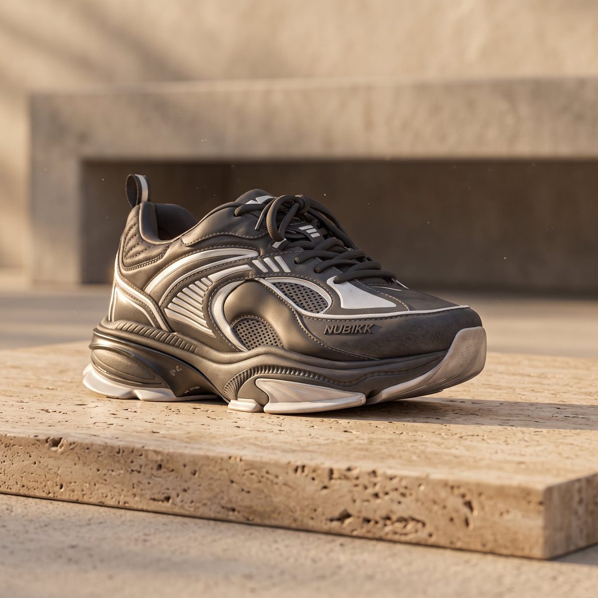 Dezelfde sneaker als magazine-editorial op travertijn in warm ochtendlicht