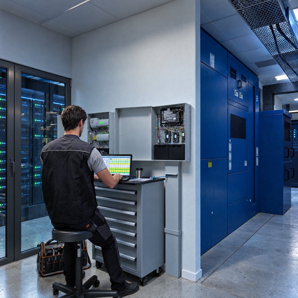 Technicus bij de controller in de serverruimte
