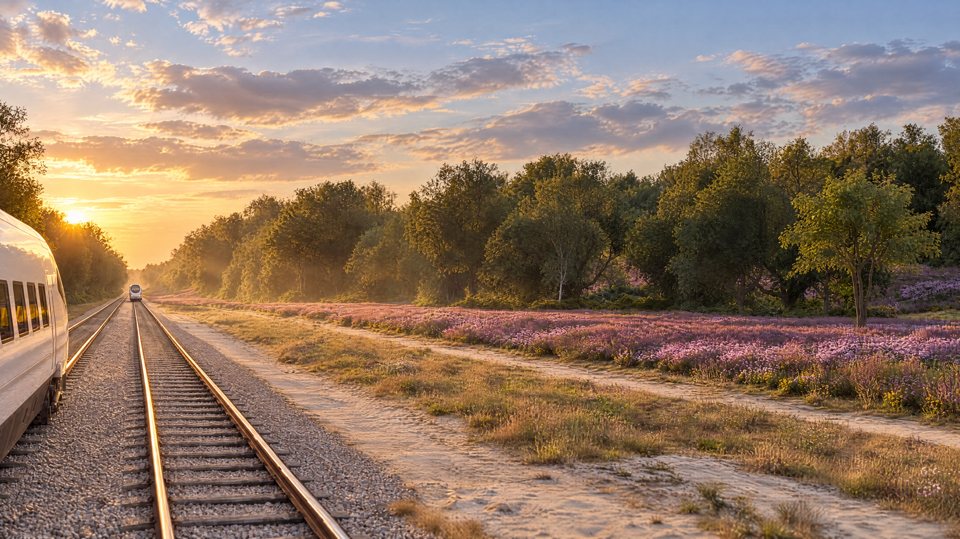 Langs het spoor, met de heide in bloei