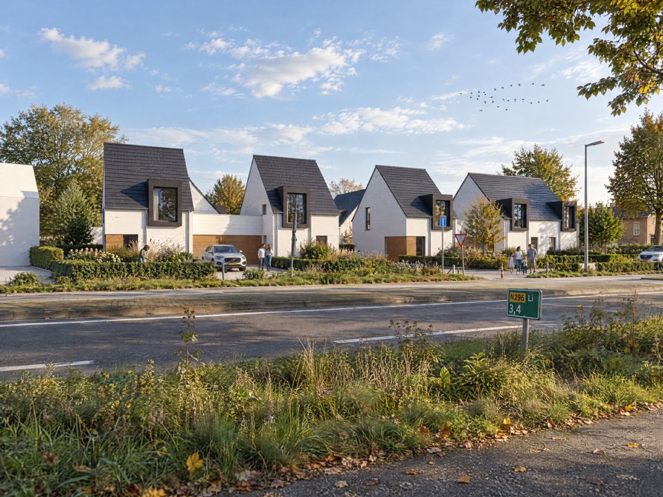 De woningen vanaf de doorgaande weg