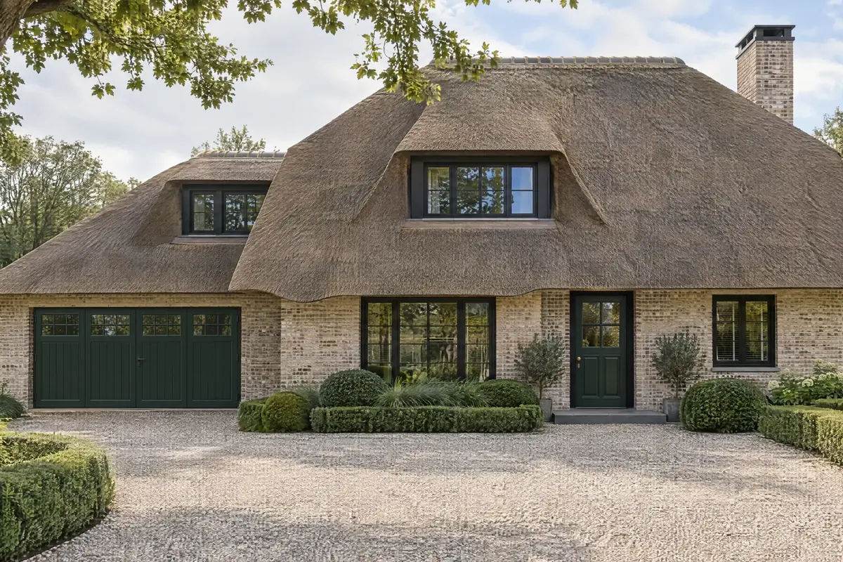 Woning met rieten kap en twee donkergroene deuren, uit de entree-inspirator van THE REAL MAG.