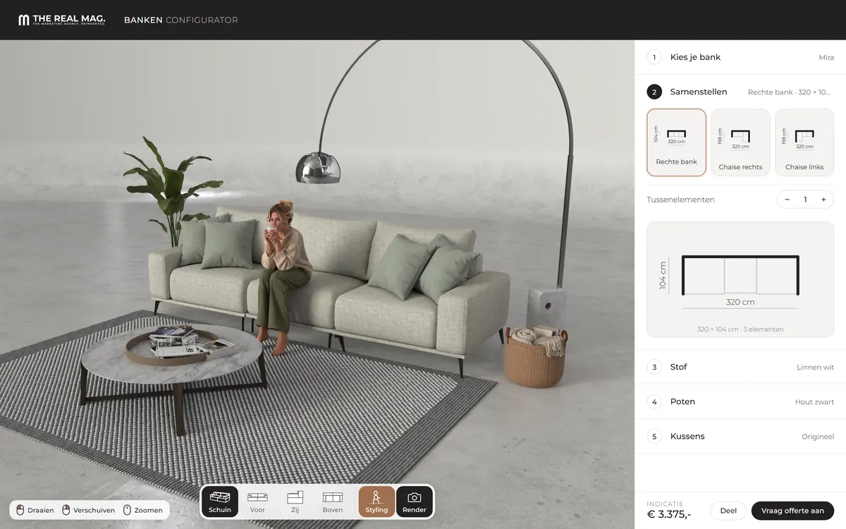 Live bankenconfigurator van THE REAL MAG.: een gerenderde bank met styling, naast de stappen voor model, opbouw, stof, poten en kussens