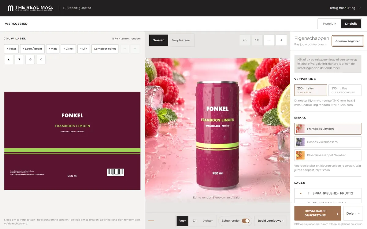 Live blikconfigurator van THE REAL MAG.: een gerenderd blik van het fictieve merk FONKEL tussen frambozen en limoen, naast de labeleditor