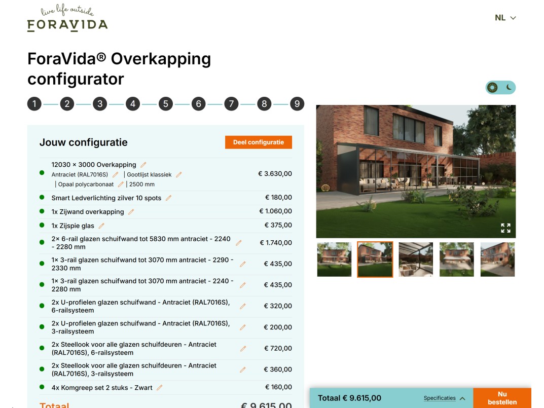 Schermafdruk van de ForaVida-configurator: negen stappen, optielijst met prijzen, render en totaalbedrag