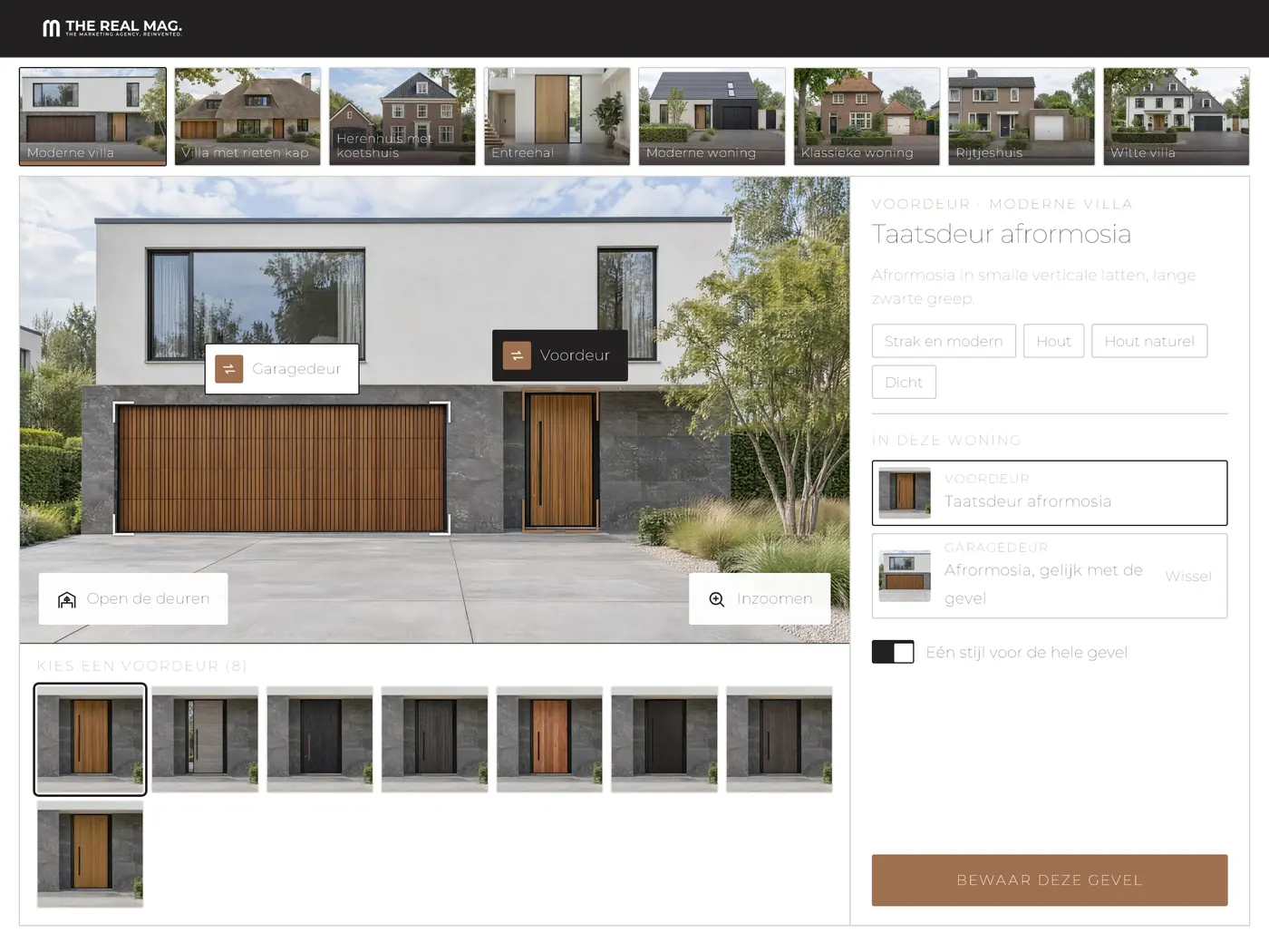 De inspirator in de showroomweergave voor tablets: acht woningen bovenaan, een woning met twee deuren in het midden en de keuzes aan de rechterkant