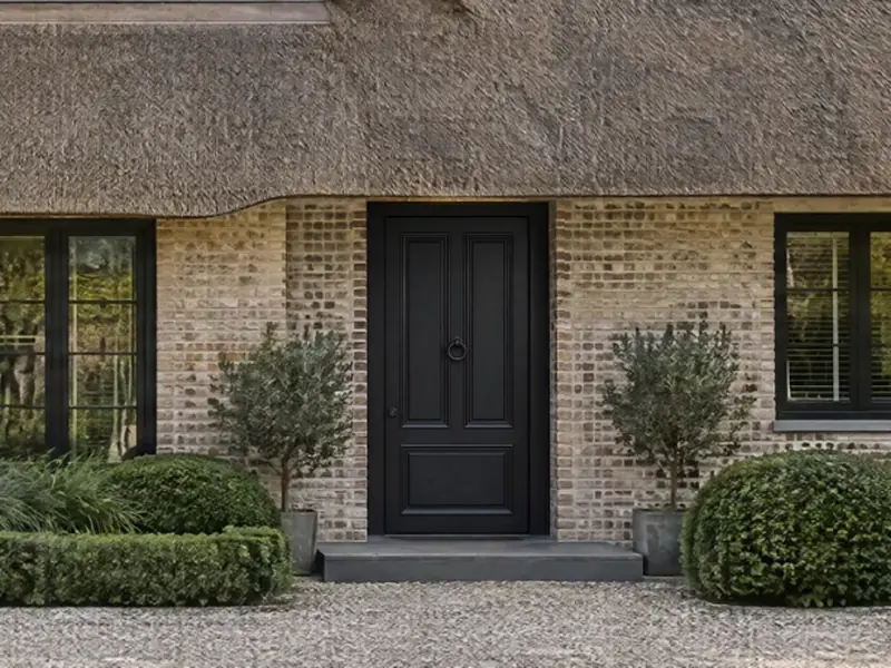 De woning met een zwarte paneeldeur