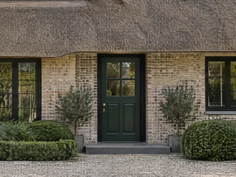 De woning met een donkergroene paneeldeur