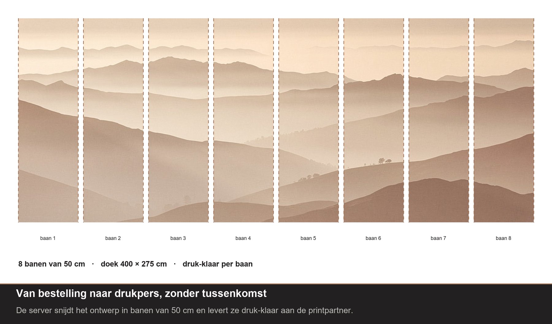 Het drukbestand: acht banen van 50 centimeter met gestippelde snijlijnen, druk-klaar aangeleverd per baan