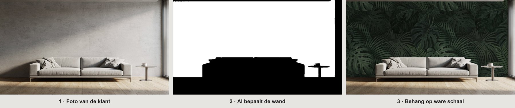 Drie stappen: de foto van de klant, het zwart-witte masker waarop AI de wand heeft bepaald, en het eindresultaat met het behang op ware schaal
