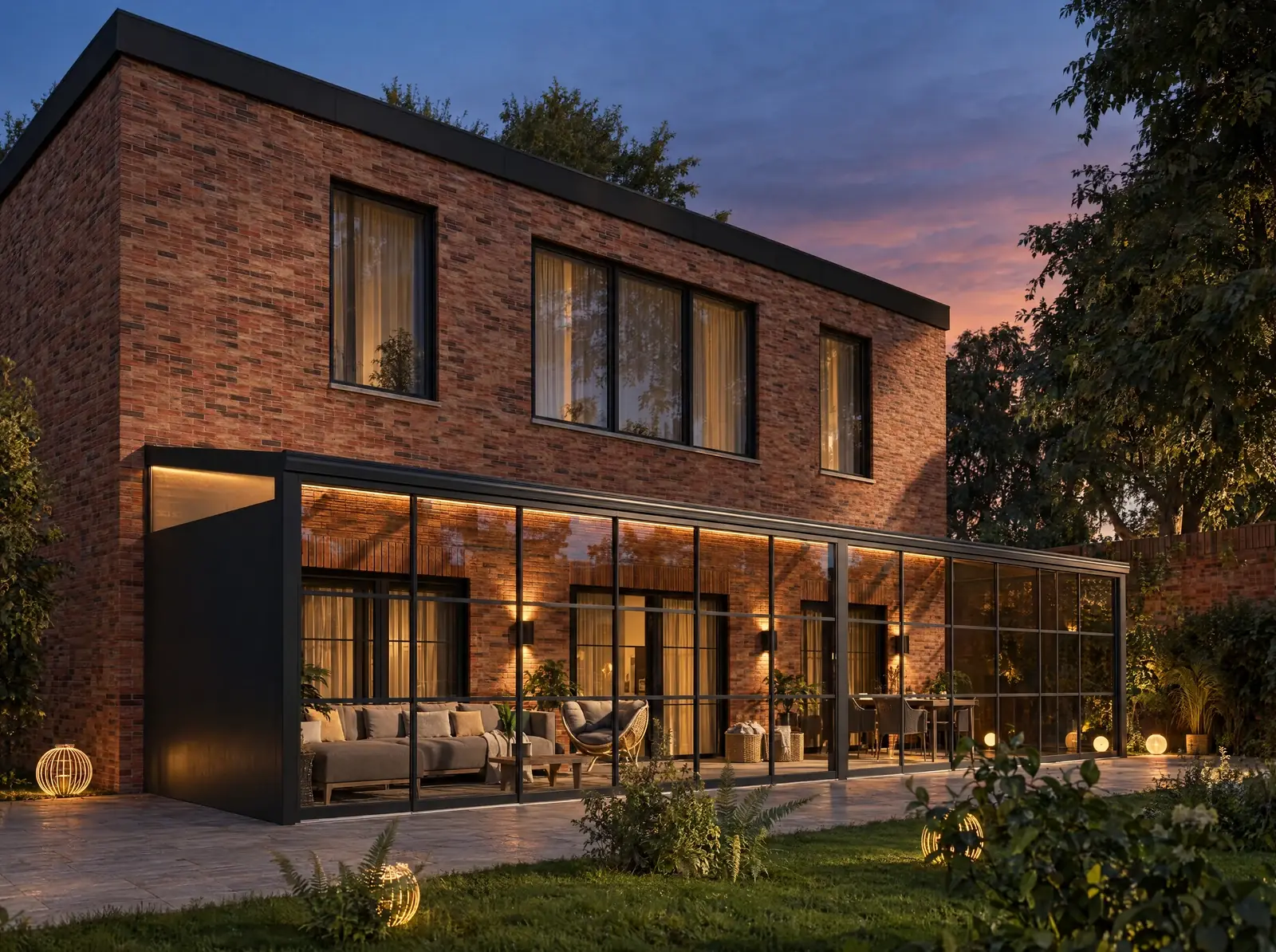 Fotorealistische render van een veranda in de avond, gemaakt met de configurator-pijplijn van THE REAL MAG.