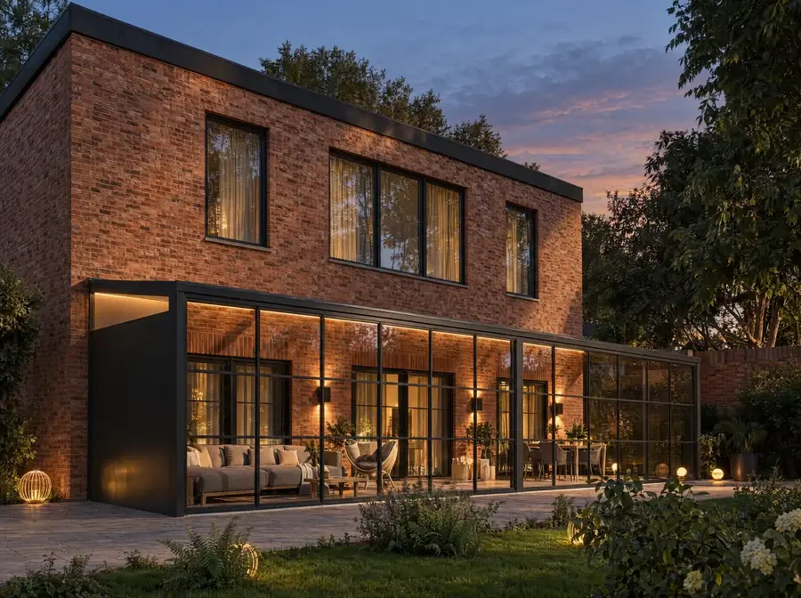 Dezelfde veranda in de avond met verlichting aan